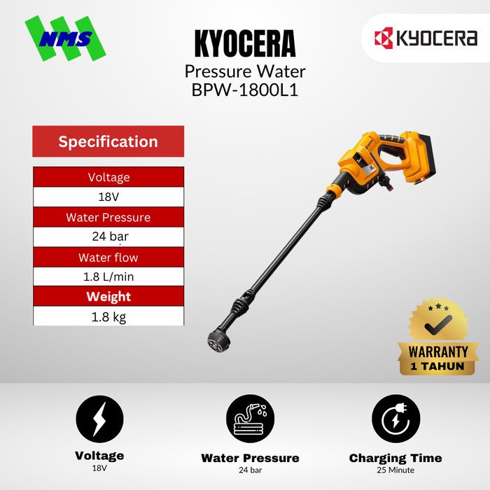 Mesin Steam Baterai KYOCERA BPW-1800L1 18V Cordless Pressure Water Tekanan 24 bar Air 1.8 L/min