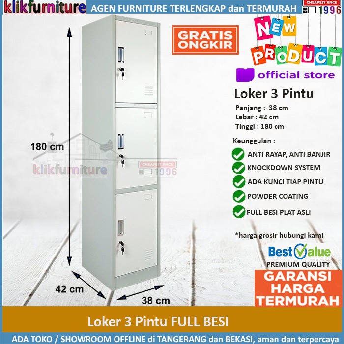 

Lemari Loker Locker Cabinet 3 Pintu Full Besi Lk3