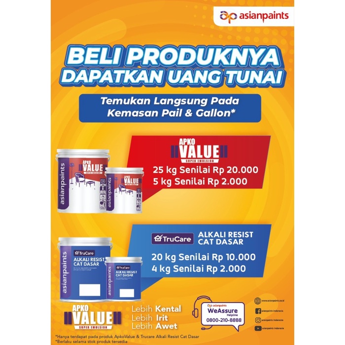CAT TEMBOK INTERIOR ASIAN PAINT APKO VALUE SUPER WHITE / PUTIH 25KG