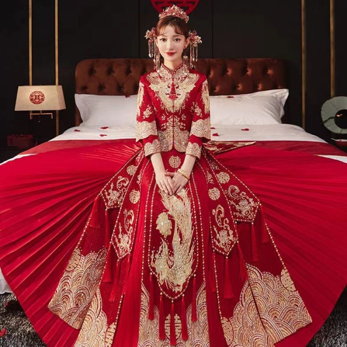 BERGARANSI Cheongsam Xiuhe Jumbo 6XL Pakaian Pengantin Wanita Qipao Gaun diskon