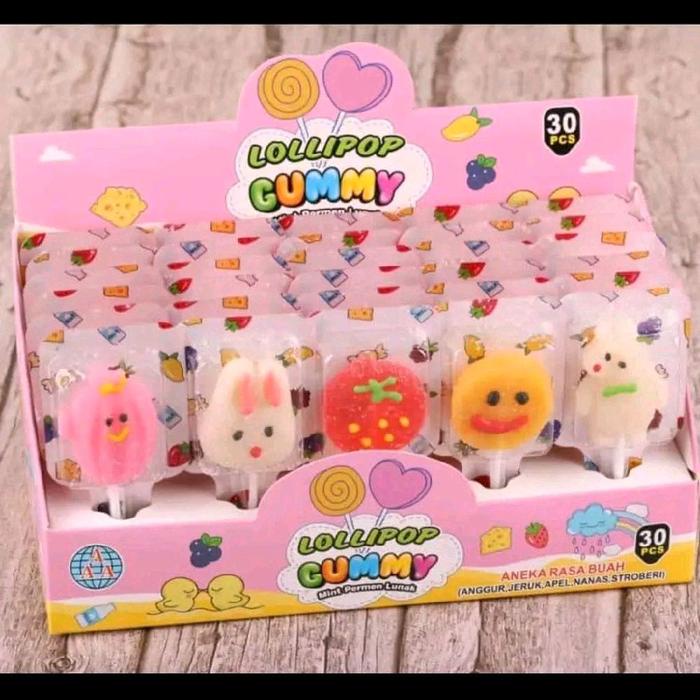 

PAKET 3 PACK @90pcs GUMMY LOLIPOP KARAKTER LUCU - PERMEN LUNAK GUMMY BENTUK BONEKA RASA BUAH-BUAHAN