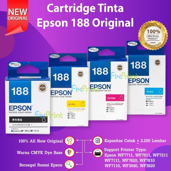 Tinta Epson 188 C13T188 Black T188 Original Cartridge WF7711 WF7611