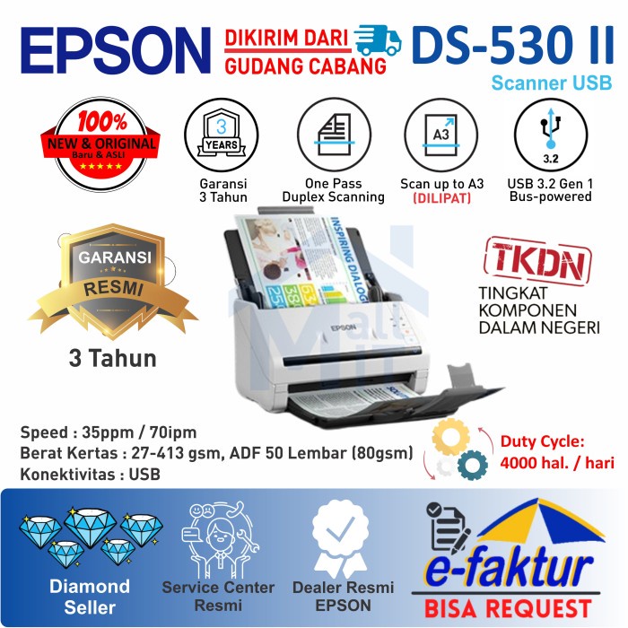 Scanner Epson DS-530II DS530II DS-530 II DS530 II DS 530 II ADF A3