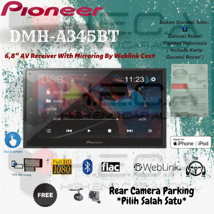 Pioneer DMH-A345BT Bluetooth Head Unit Double Din Tape Mobil + Camera