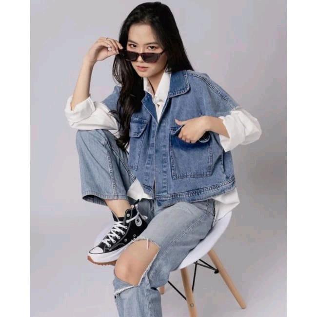 Jaket Rompi Jeans Cassandra Oversize Jacket Denim Wanita Tanpa Lengan Outer Blazer Kekinian Ld 120