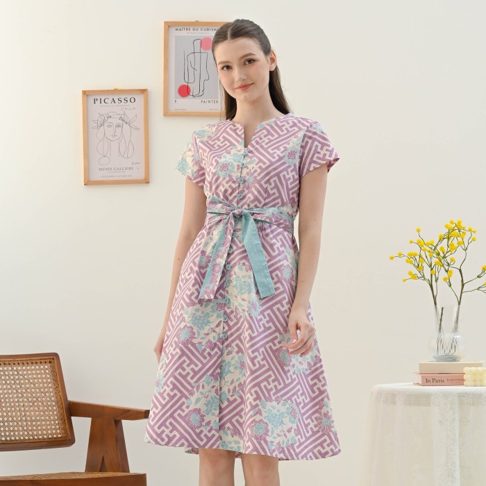 Dress Batik Wanita Motif Bunga / Baju Batik Kantor Warna Pastel - 303 Wik Lilac