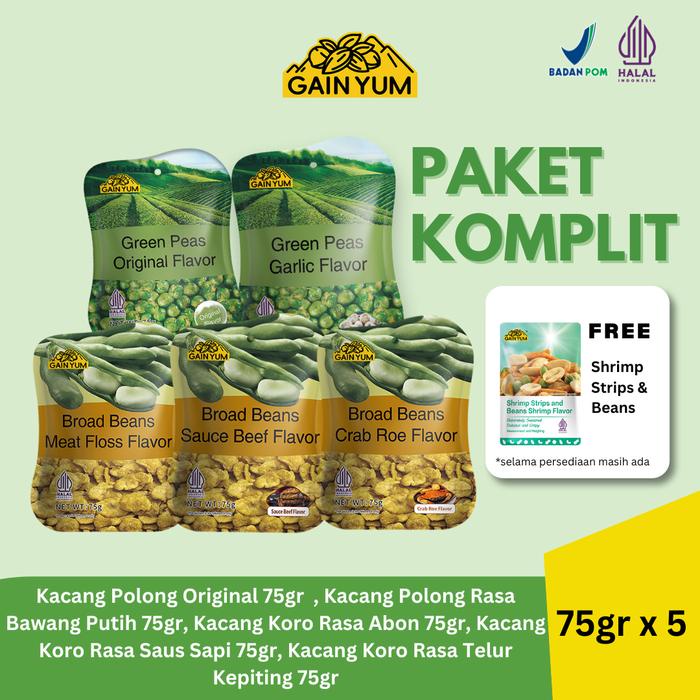 

SALE !!! [ PAKET KOMPLIT] GAIN YUM ALL VARIAN KACANG POLONG DAN KACANG KORO UKURAN 75G READYY