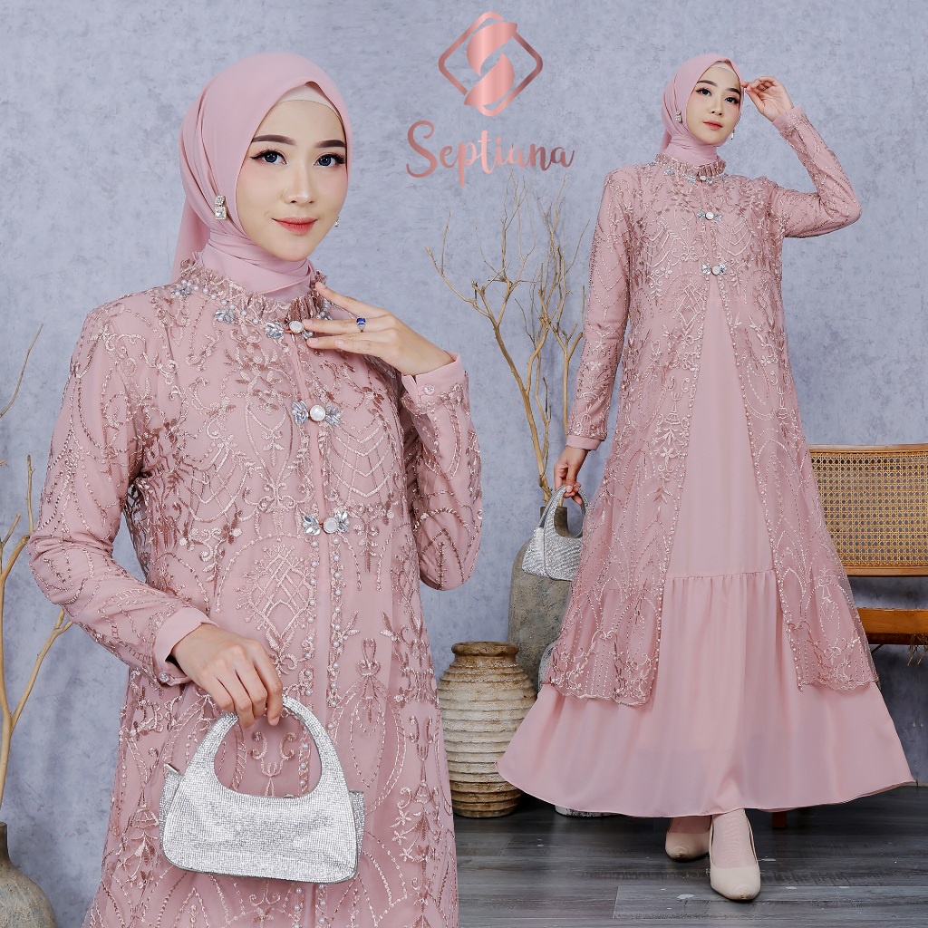 DISKON Septiana - Set Outer dan Inner Gamis Brukat Pesta kombinasi tille brukat dan ceruti baby doll