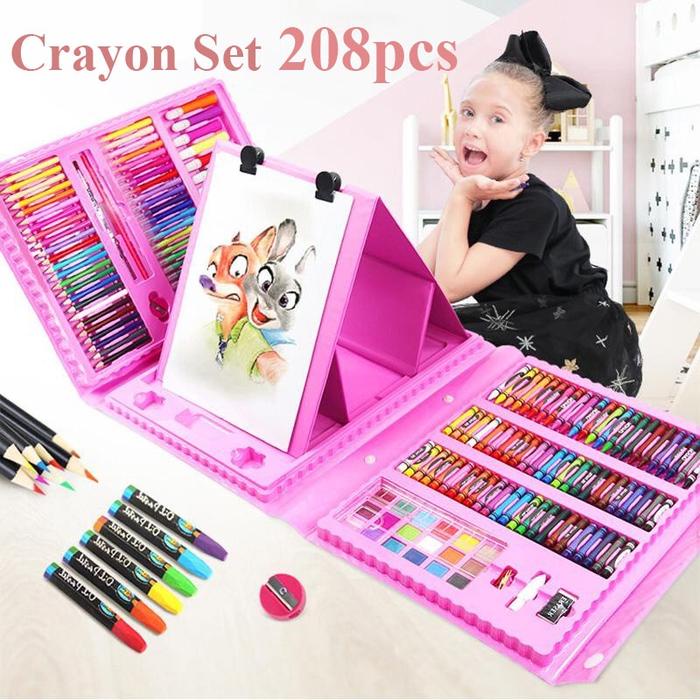 Viral!! Art Set Crayon Mewarnai Pencil Warna Crayon Isi 208 Papan Gambar Dua Sisi Set Alat Gambar