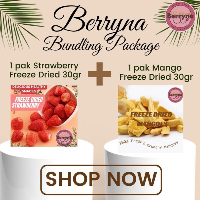 

Berryna Crispy Strawberry & Mango Bundling / paket stroberi & mangga Freeze dried 30g Cemilan
