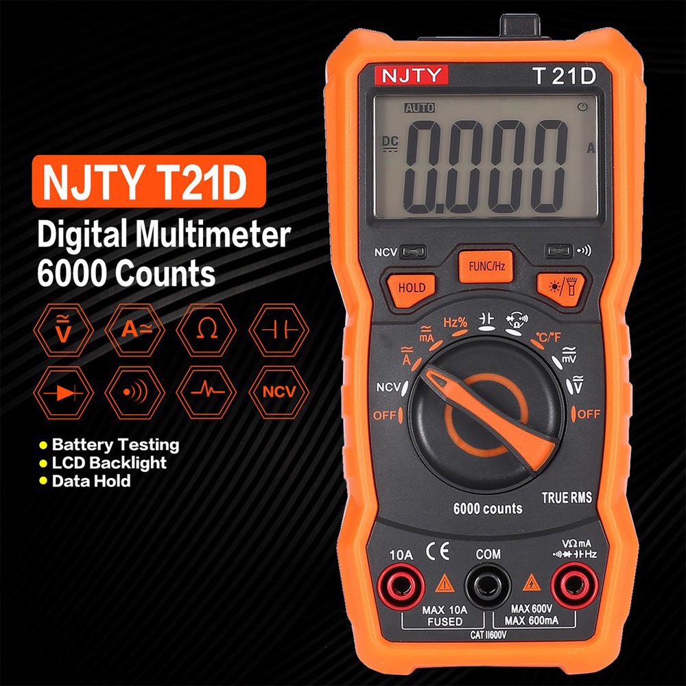 NJTY Digital Multimeter T21D 6000 Counts AC/DC A V Auto Range T-RMS NCV Handheld Multimetro Voltmete