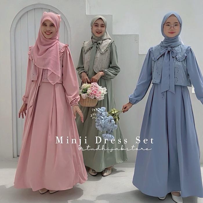 Minji Annelie Korean Set Dress Gamis Rompi Muslim Brukat Lebaran By Studhijabstore