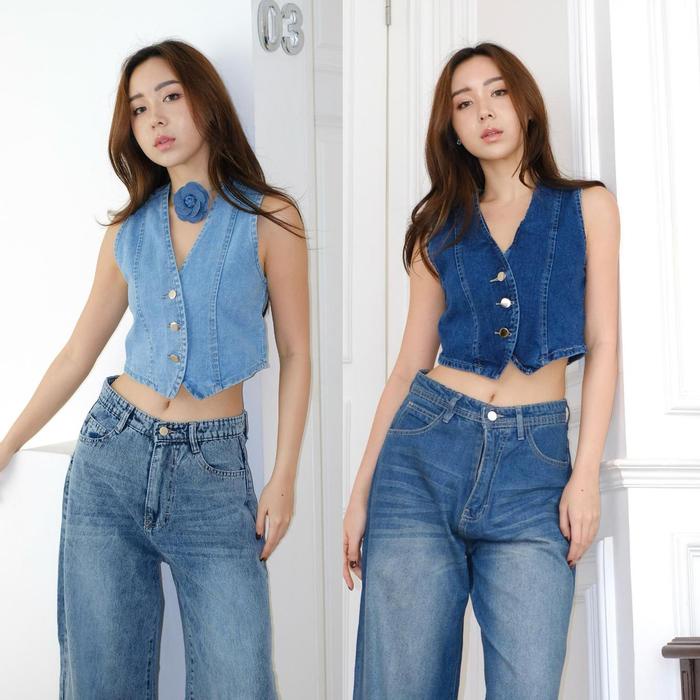 LADOUCE - Thexia Denim Vest Atasan Rompi Crop Jeans Wanita