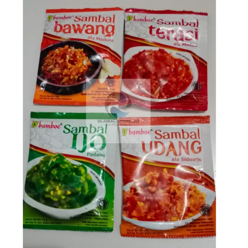 

HJE Bamboe sambal udang / sambal bawang/ sambal ijo / sambal terasi sachet 15gr