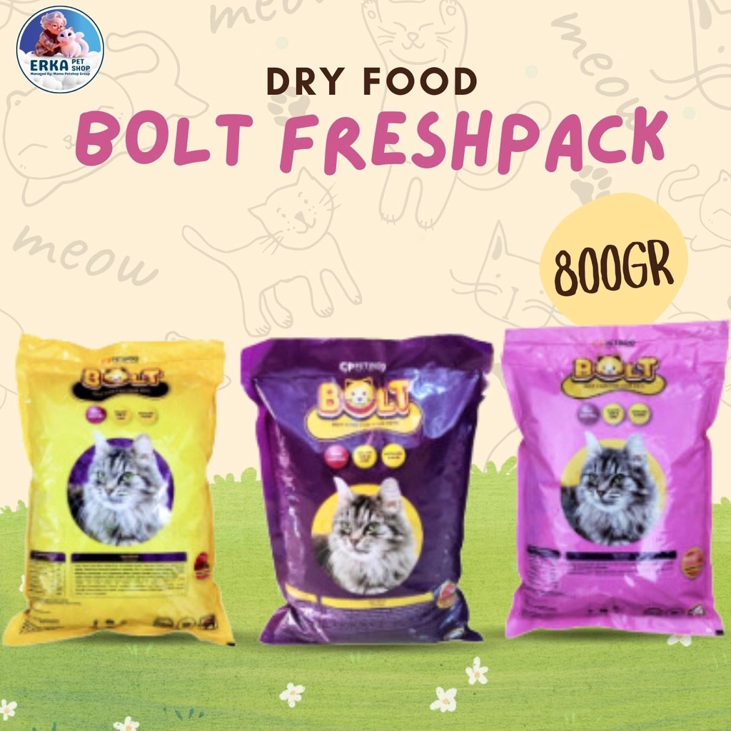 

Makanan Kering Kucing BOLT 800 GR Repack Kemasan Sablon