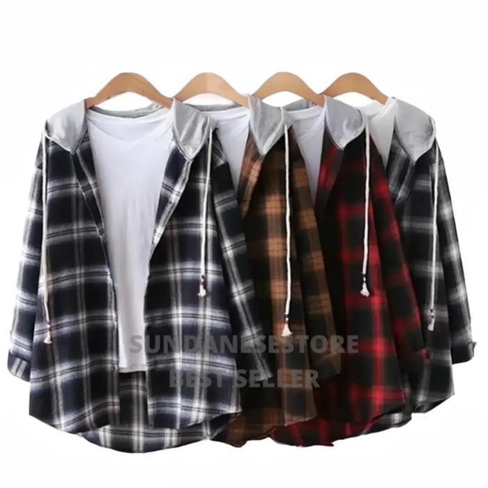 KEMEJA FLANEL HOODIE BERKUPLUK PRIA LENGAN PANJANG MOTIF KOTAK CASUAL DISTRO COWOK BAJU NYAMAN