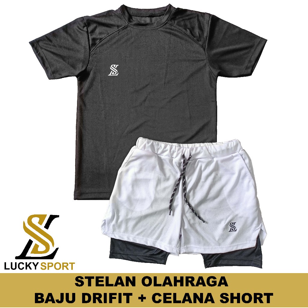 Setelan Olahraga Pria Double Layer 1 Set Baju Kaos Dryfit Celana Pakaian Outdoor Running Gym Lari
