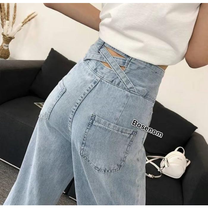 Terbaru Bosenom- Jeans Kulot Silang Warna Hitam Celana Highwaist Kulot Jeans Tali Silang Black