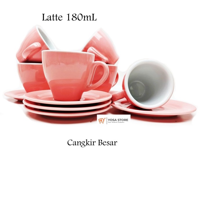 Cangkir Set Keramik Kopi Latte Warna PINK Polos Farve 12 Pcs