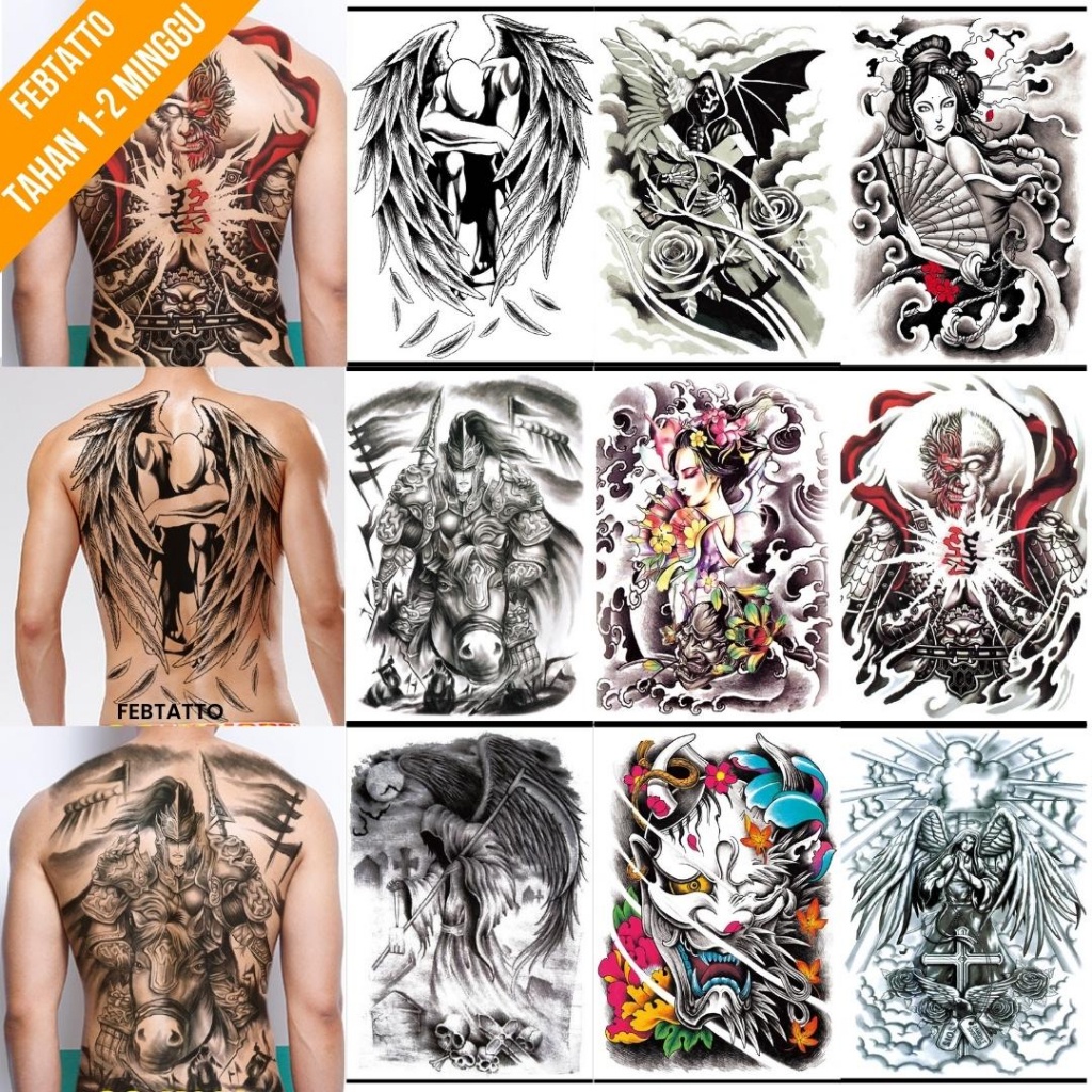 Tato Temporer FULL PUNGGUNG 34x48cm Tato sayap, tengkorak, ksatria, ghesia, kepala monyet, malaikat