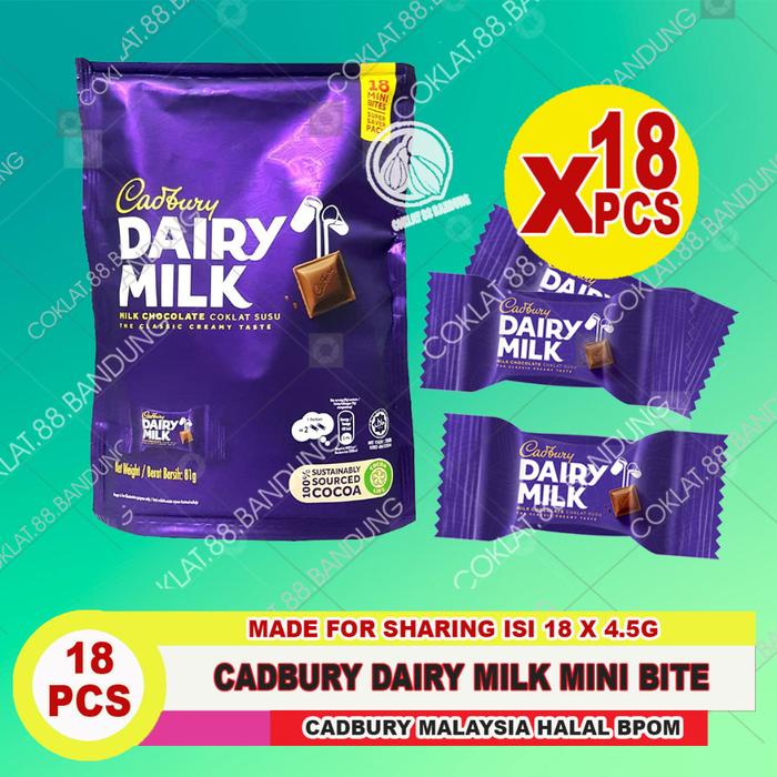

CADBURY MINI BITES 18 PCS 81GR MALAYSIA, CADBURY DAIRY MILK SHAREBAG SAVER PACK 4.5 GR X 18 coklat