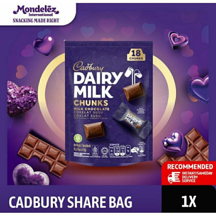 

Cadbury Dairy Milk Share Bag 81 gr - Coklat Cadbury Isi 18 Pcs - Perpaduan Coklat Creamy dan Susu