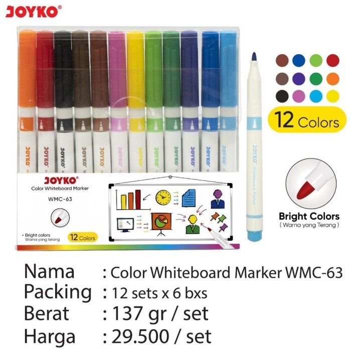 

ATKJaya- Spidol Warna Papan Tulis Color Whiteboard Marker Joyko WMC-63 12 Warna