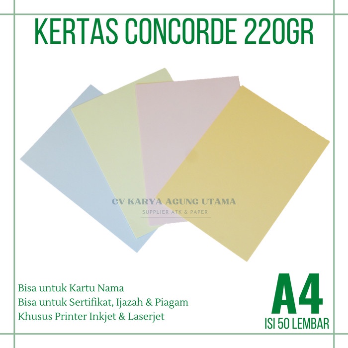 

ATKJaya- Kertas Concorde A4 220gr isi 50 lembar / Kertas Sertifikat A4 220gr
