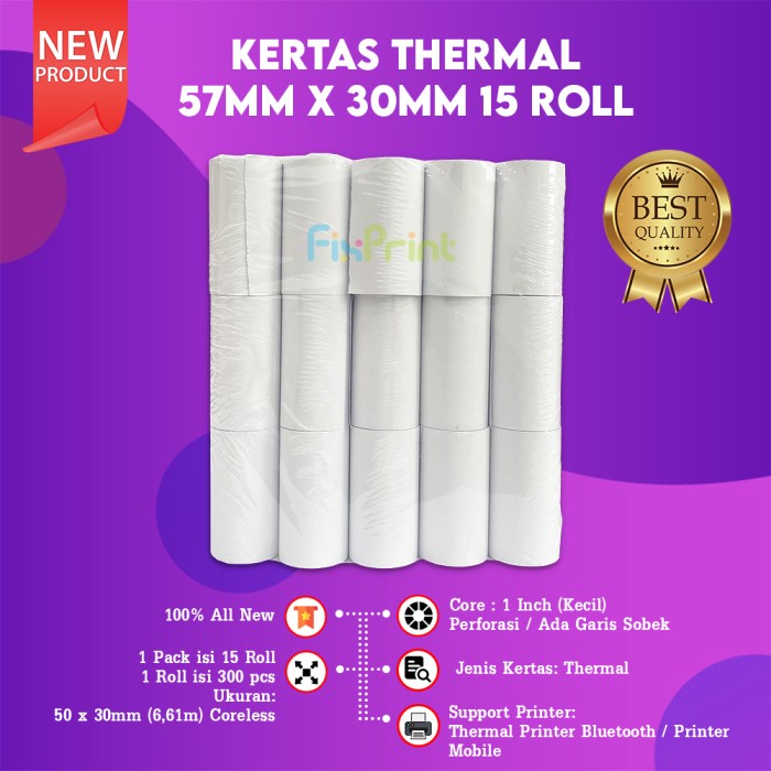 

ATKJaya- Paket 15 Roll Kertas Struk Kasir 57mm x 30mm 57 mm x 30mm Coreless