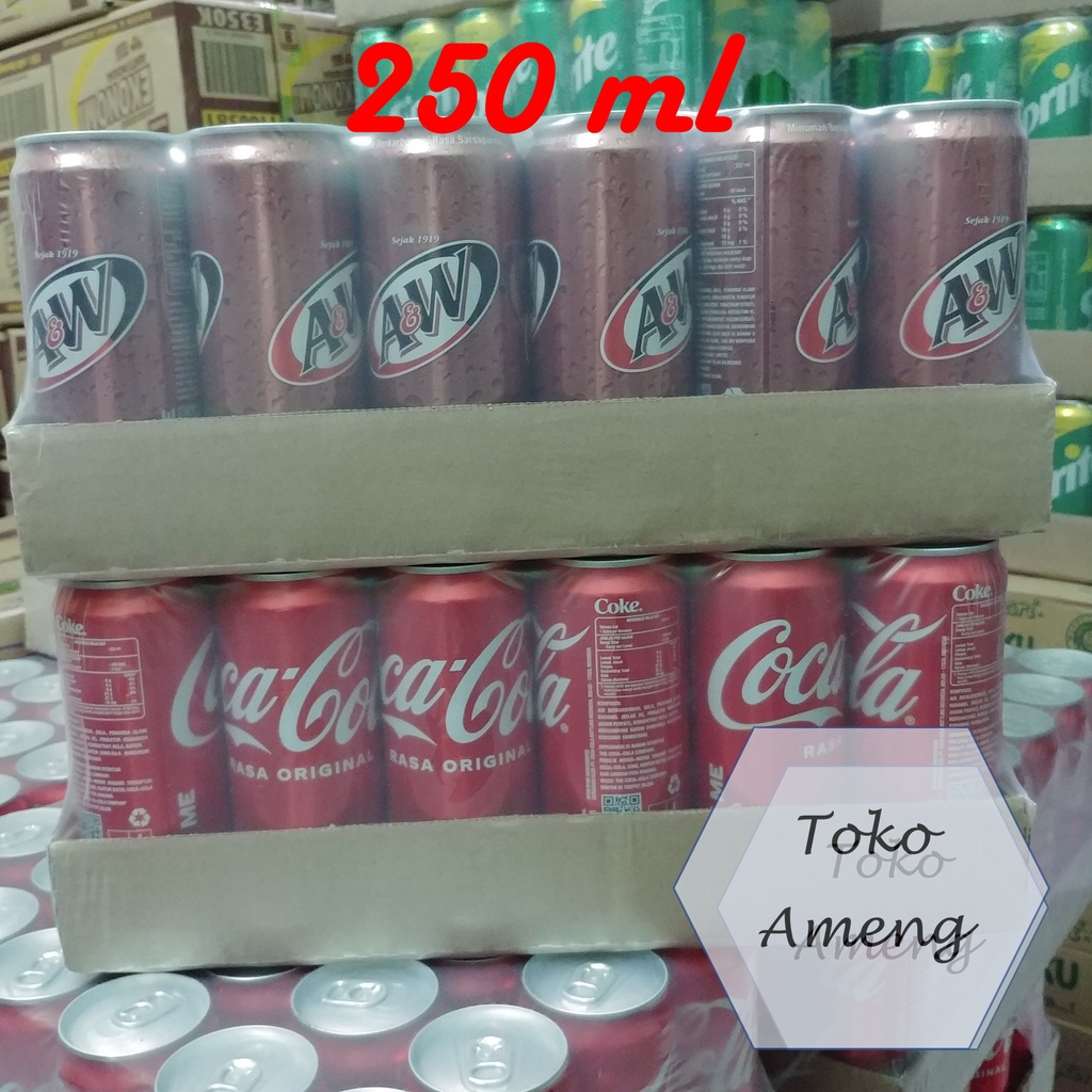 

Cocacola, Fanta, Sprite, AW, Cola Zero Kaleng 250 ml - 1 DUS (24 PCS)