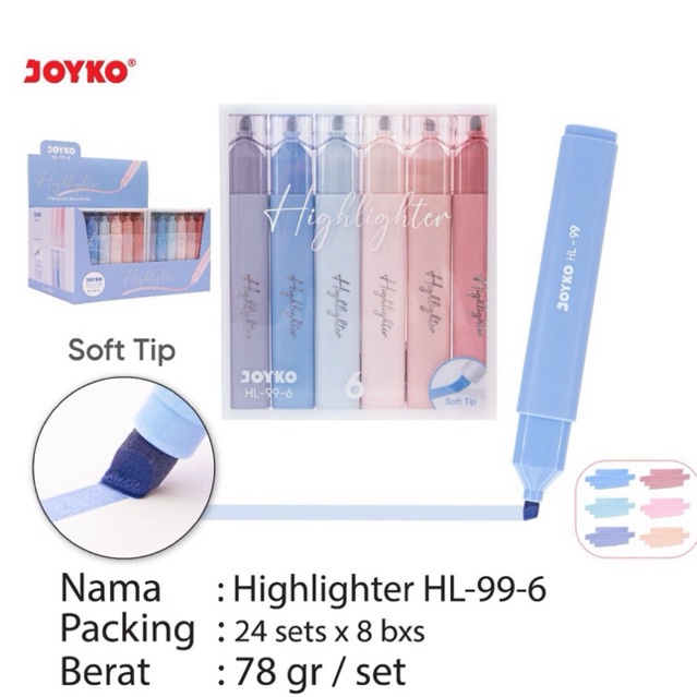 

( 1 Set = 6 Pcs ) Joyko HL-99-6 Highlighter Soft Tip / Penanda Berwarna Morandi Isi 6 Warna HL99