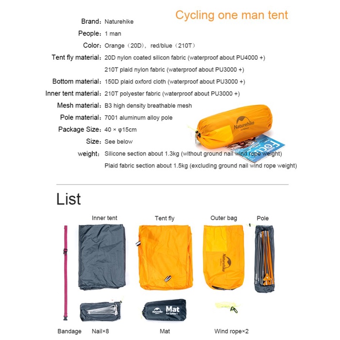 Tenda naturehike 210T /20D 1P NH18A095-D single tent ultralight + mat