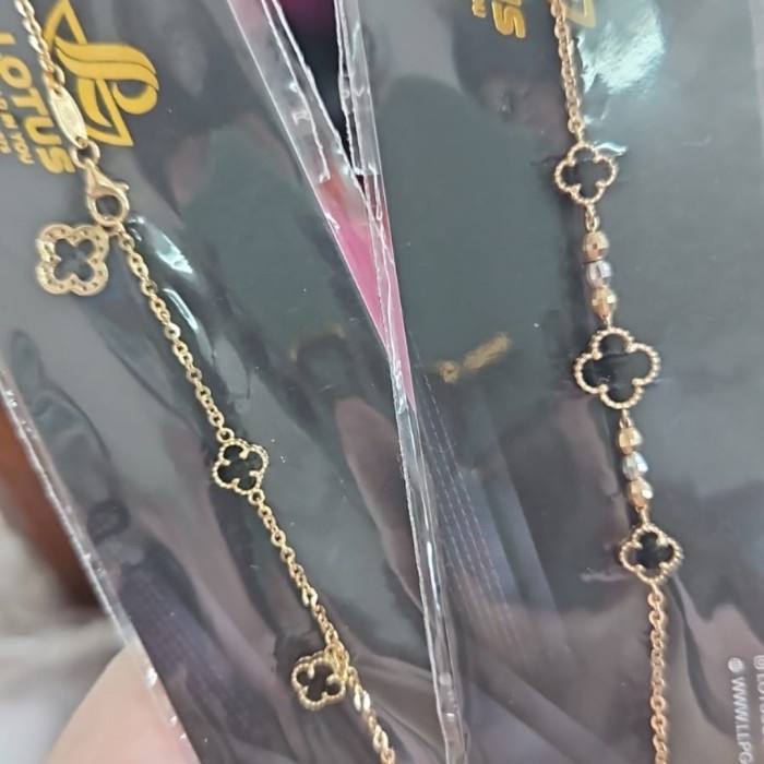 gelang serut clover hitam bunga emas asli 700 70% 16K panjang pendek