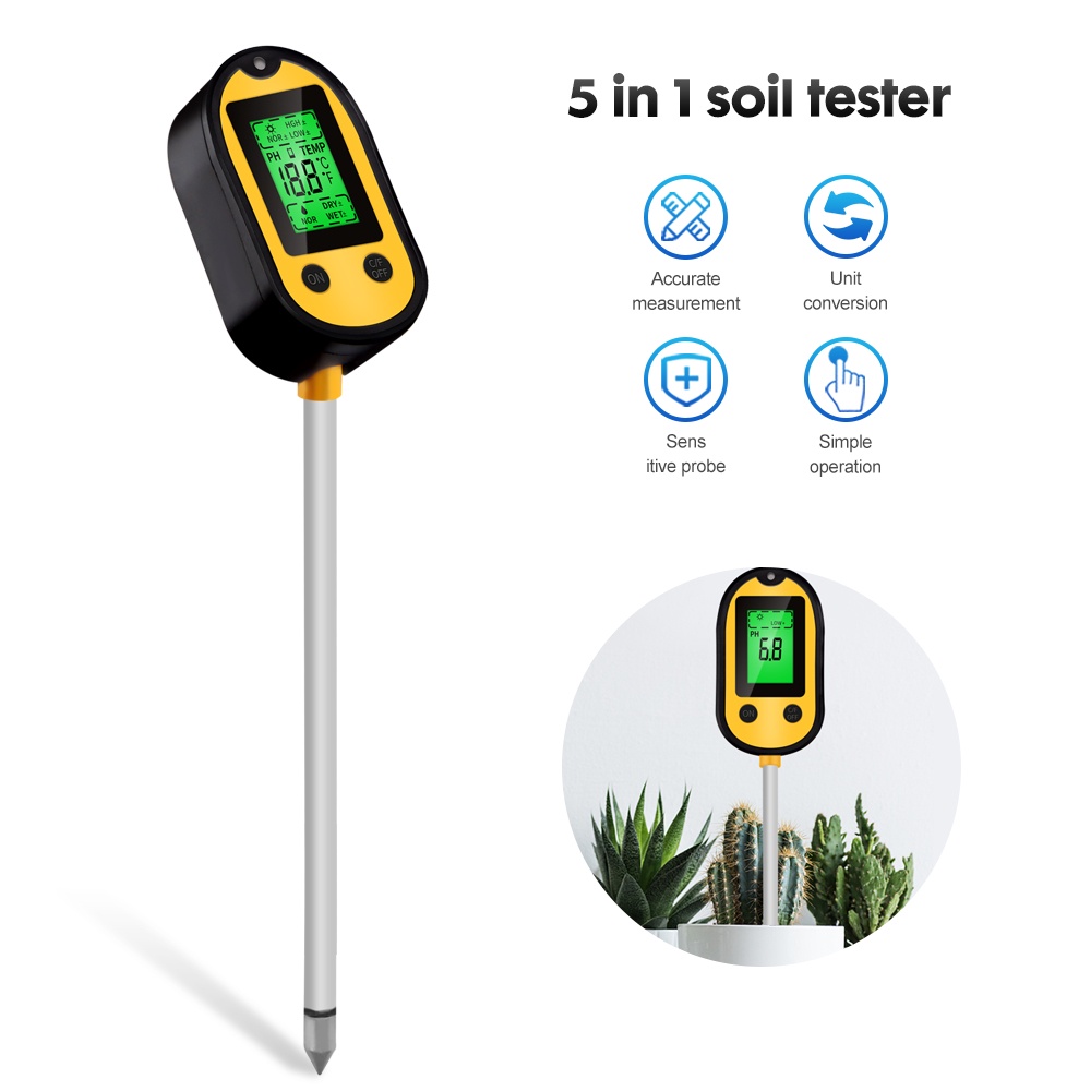 Soil PH Tester 5 in 1 Sunlight Moisture Acidity Meter Soil Tester Moisture Meter Digital Soil Monito