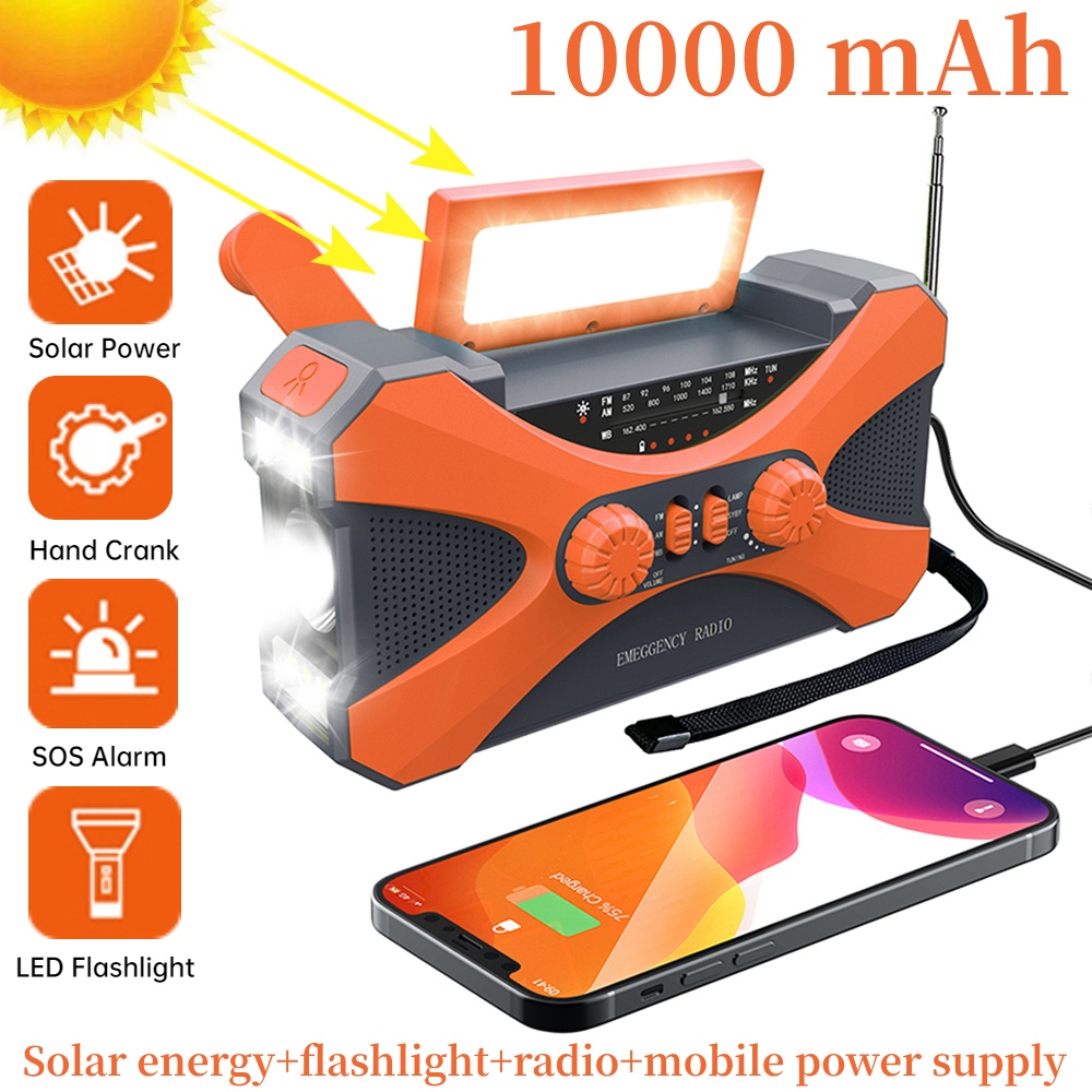 Solar Emergency Radio FM 10000mAh Hand Crank Portable AM/FM/NOAA SOS Radio with Flashlight&Reading L