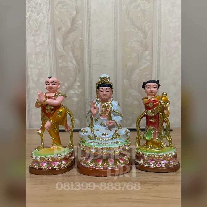 Patung Dewi Kwan Im Dan Pengawal Mini Fiber 4 Inch