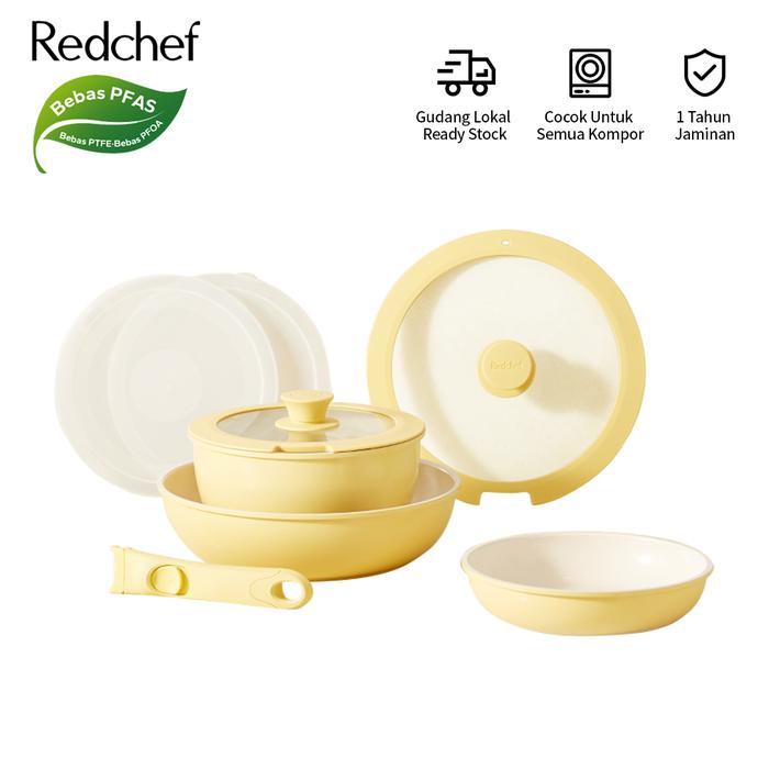 Redchef Set Peralatan Masak Batu Keramik Anti Lengket Pegangan Dapat Dilepas 8 Buah Panci Anti