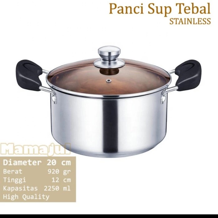 SUBRON Panci Sup 20 cm Stainless TEBAL tutup kaca