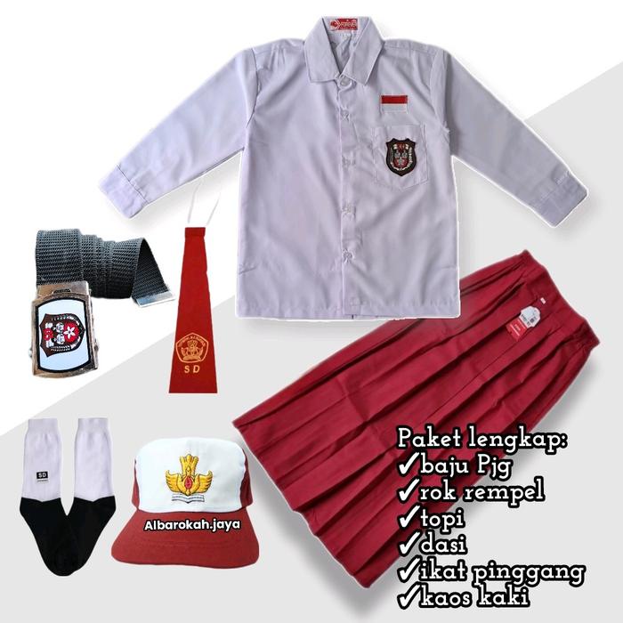 Geraigo- Setelan Seragam Sekolah Anak Sd Merah Putih Baju Putih Panjang Rok Merah Rempel Anak