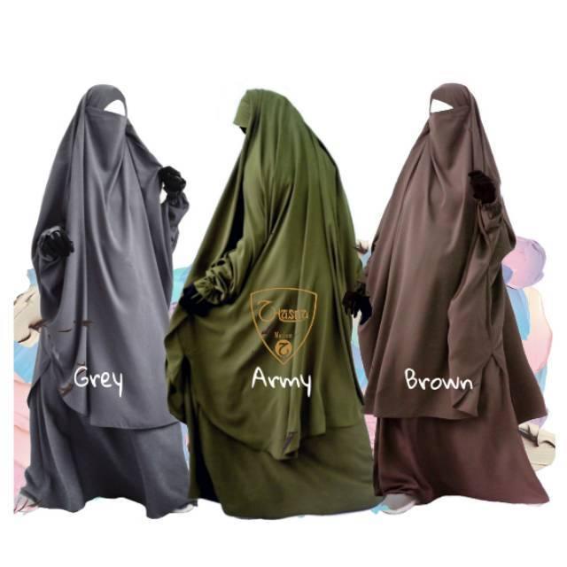 Fren Khimar Set Rok Murah Wolfis Preum Jilbab Syari Muslim Tangan Karet Hitam Panjang Instan Bergo