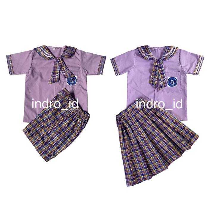 PREMIUM Seragam TK Paud Ungu Kotak Kotak Dasi 2 Pendek