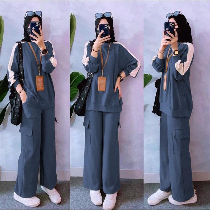 Terbaru Set Cargo Setelan Celana Cargo List Tangan One Set Training Baju + Celana Wanita Olahraga