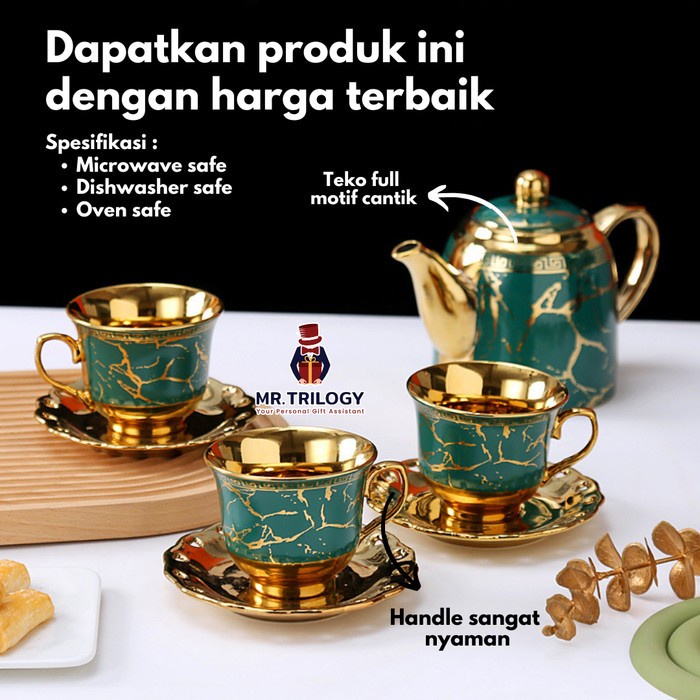 Berkualitas Hampers Cangkir Set Teko Hijau Marble Souvenir Pajangan Set Mug Gelas