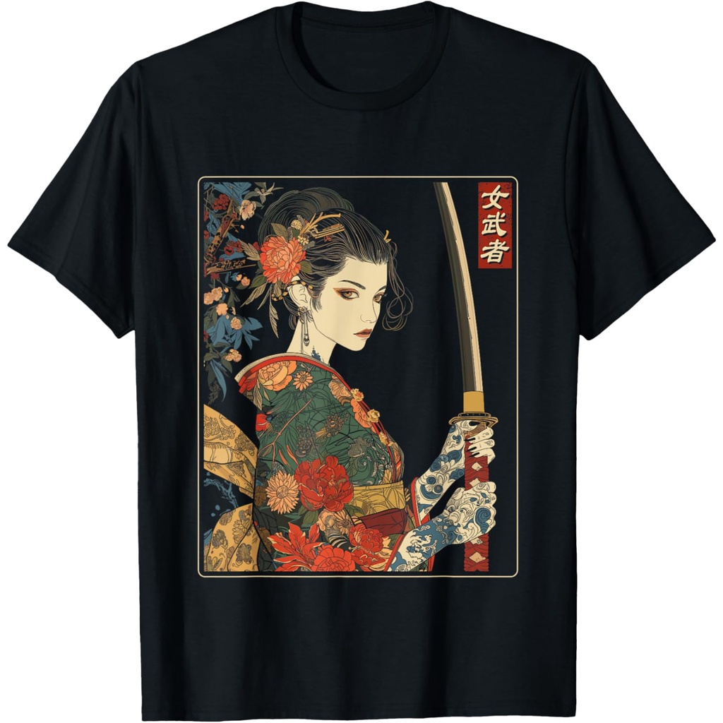 Kaos Wanita Bergambar Seni Samurai Gotik Jepang dengan Pedang Katana