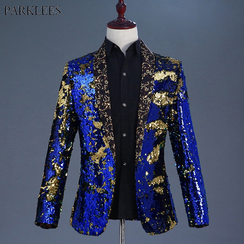 Luxury Royal Blue Sequin Dress Blazer Men Nightclub Stage Shawl Collar Mens Suit Jacket Wedding