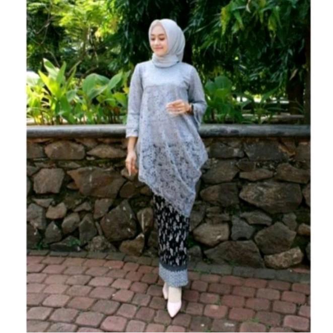 Setelan Kebaya Tunik Miring Brokat Wanita Lamaran Dress Kondangan Pesta Mewah Baju Panjang Remaja