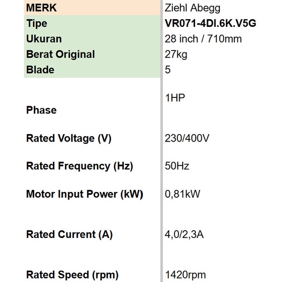 Axial Fan Ziehl Abegg 28 Inch - Vr071-4Di.6K.V5G Original {Ready High Quality Best Seller New}