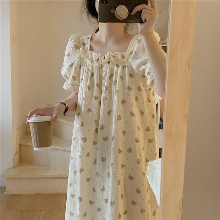 Baju Tidur Wanita Taemo Dress Sleepwear Daster Motif Bear Lucu Rok Tidur Kekinian Lengan Pendek
