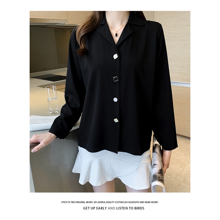 HOT SALE TianShun Kemeja Putih Hitam Wanita Lengan Panjang V Neck Polos Baju Kemeja Wanita Kekinian
