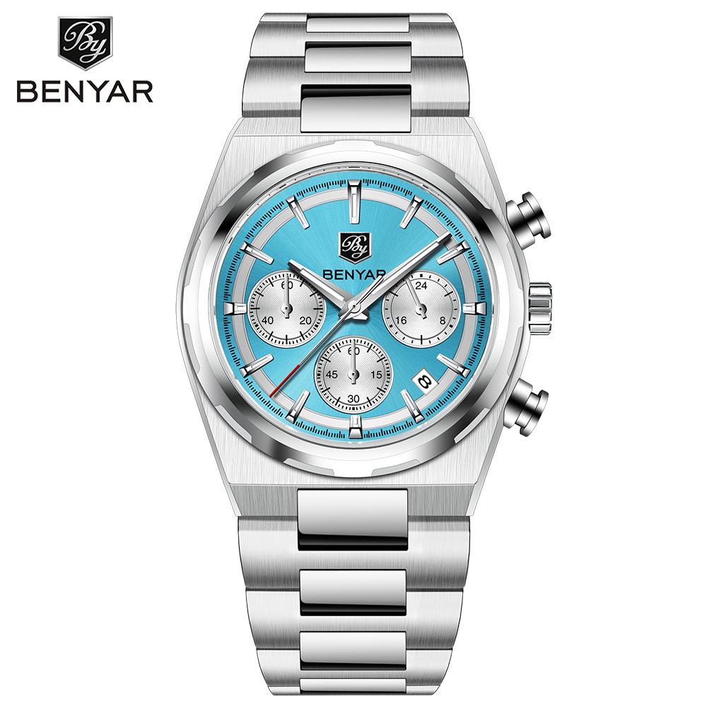 Benyar 40Mm Multi-Function Quartz Watch Mineral Strengthened Glass Stainless Steel Waterproof Strap